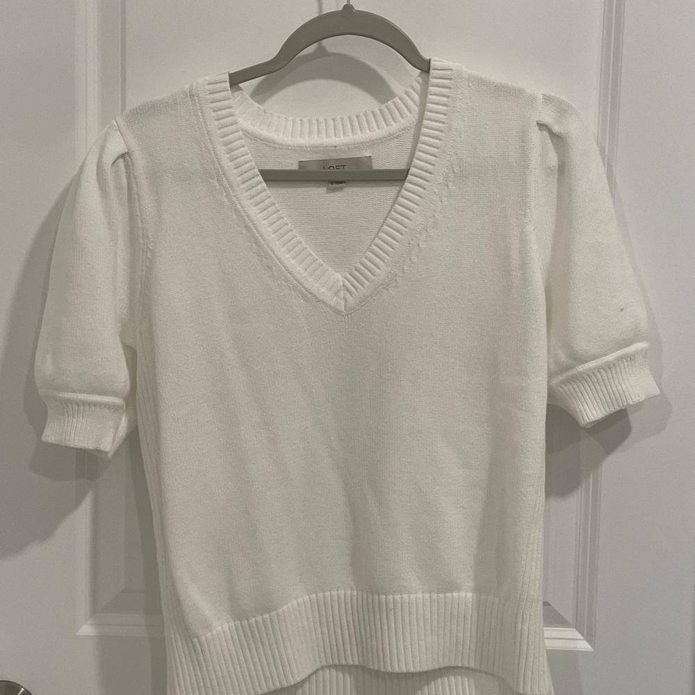 LOFT White V-Neck Sweater with Ribbed Cuffs